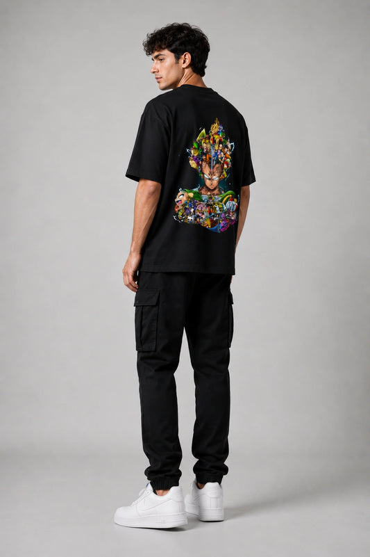 Model wearing STORKK Core Oversized T-Shirt in Black showing the back graphic design.